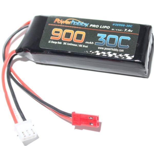 900mAh 7.4v 2S 30C Lipo Battery with Hardwired JST