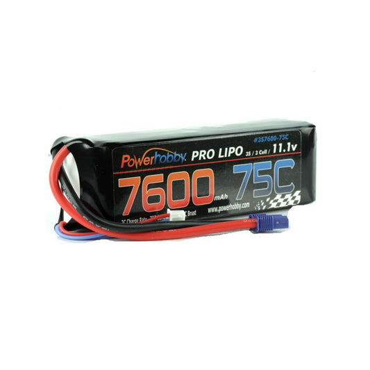 7600mAh 11.1V 3S 75C LiPo Battery with Hardwired EC5